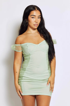 Sage Mesh Mini Dress with Ruched Detail & Puff Sleeves