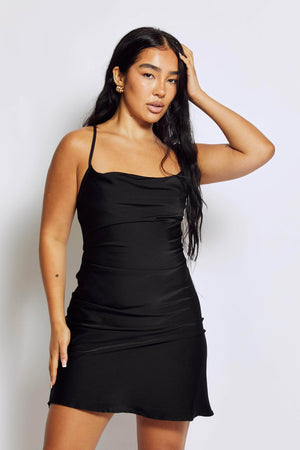 Black Strappy Satin Mini Bodycon Dress