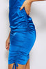 Cobalt Satin Cowl Neck Mini Ruched Side Tie Dress