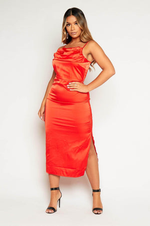 Red Ruched Neck Midi Slip Dress