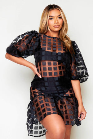 Black Square Print Sheer Midi Dress