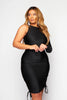 Black Slinky One Shoulder Padded Midi Ruched Dress