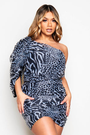 Grey Sheer Leopard One Shoulder Mini Dress