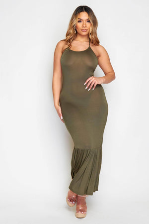 Khaki Jersey Halter Neck Maxi Dress