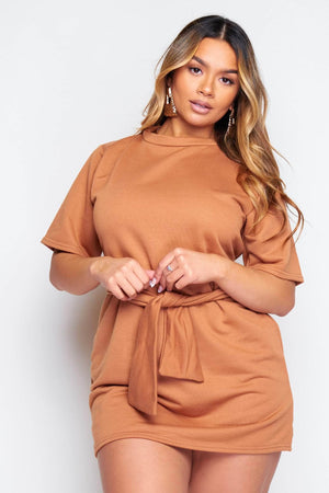 Camel Jersey Belted T.Shirt Dress