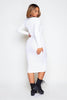 White Contrast Binding Long Sleeve Midi Dress