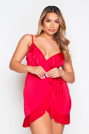 Petite Red Slinky Ruffle Wrap Dress