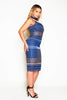 Blue Mesh Embroidered Stripe Midi Dress