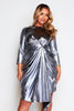 Silver Metallic Gathered Long Sleeve Midi Dress