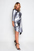 Silver Metallic Gathered Long Sleeve Midi Dress