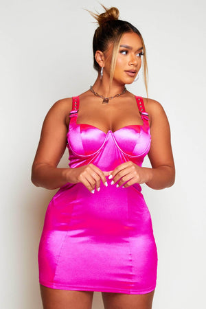 Hot Pink Bustier Buckle Strap Mini Dress