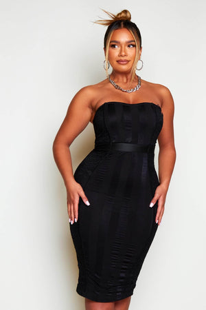 Shape Black Lace Mesh Stripe Bandeau Midi Dress