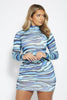 Blue Abstract Slinky Long Sleeve Bodycon Dress