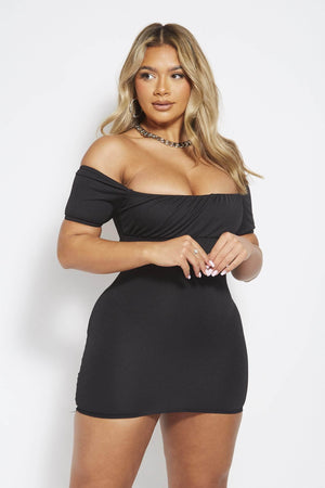 Black Ruched Bust Milkmaid Mini Dress