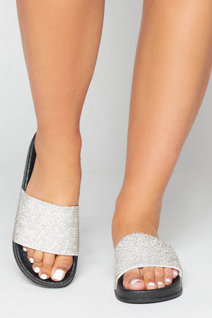 Silver Gem Embellished Black Sliders