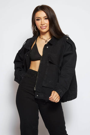 Black Oversized Pocket Draw Cord Jacket