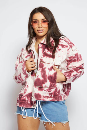 Maroon Tie Dye Oversized Pocket Draw Cord Jacket