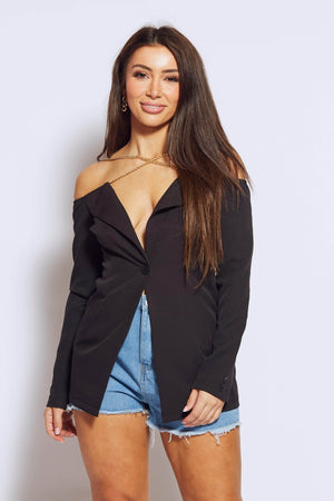 Black Blazer Top with Gold Chain Straps