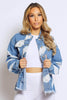 Denim Tie Dye Print Denim Jacket with Frayed Hem