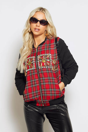 Red Tartan Bomber Jacket with Gem Embellishments