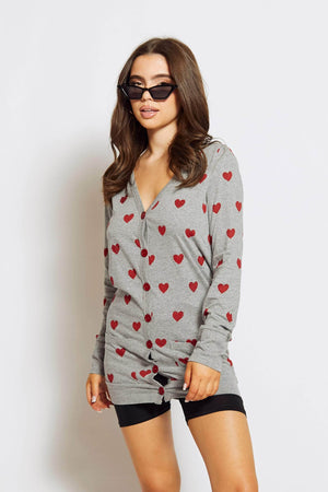 Grey Jersey Heart Printed Cardigan in Red