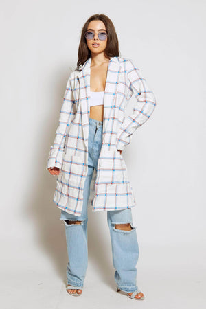 White Checked Jersey Longline Duster Coat