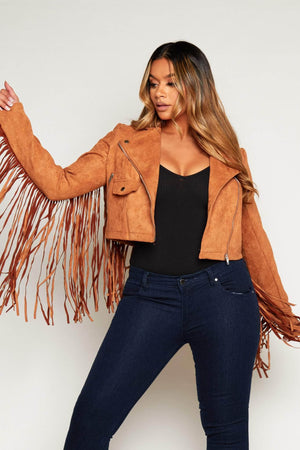 Tan Suedette Fringe Biker Jacket