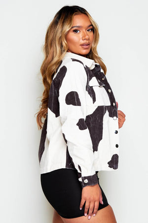 Cream Cord Cow Printed Shacket