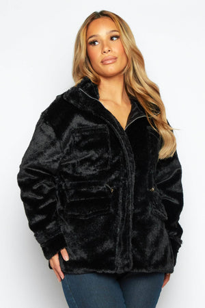 Black Faux Fur Cinched Waist Jacket