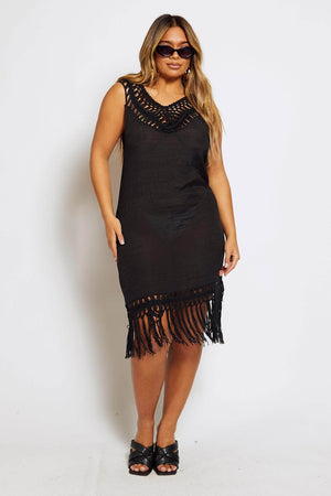Black V Front & Back Crochet Dress with Tassels