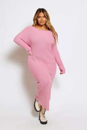 Rose Pink Chunky Knitted Jumper Dress