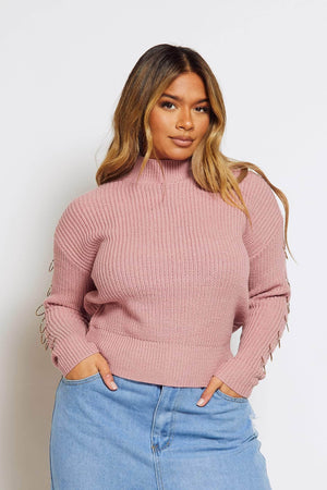 Rose Pink Knitted Jumper with Ring Sleeve Detailing