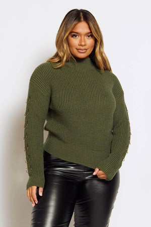 Khaki Knitted Jumper with Ring Sleeve Detailing