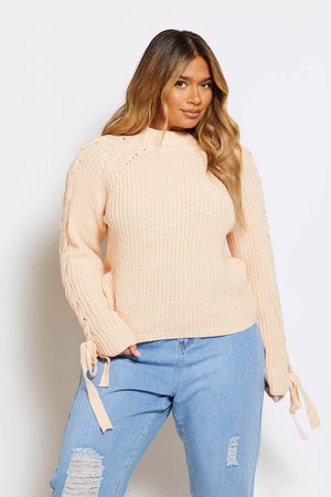 Pink Lace Up Sleeve Chunky Knit Jumper