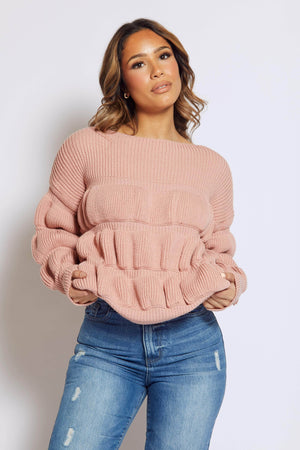 Pink Puff Sleeve Chunky Knit Jumper