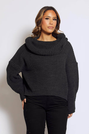Charcoal Chunky Knit Polo Neck Jumper