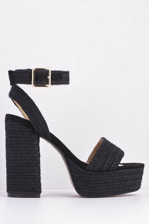 Black Raffia Chunky Heel Sandals