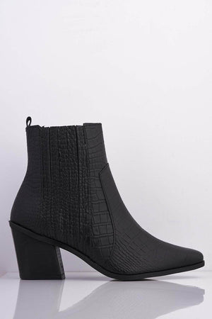 Black Croc Pu Pointed Ankle Boots