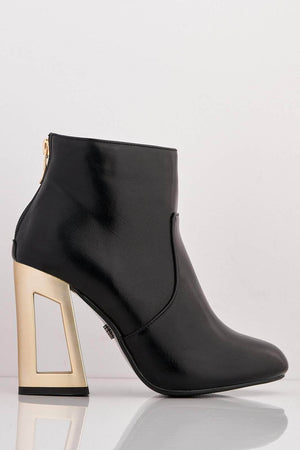 Black Pu Ankle Boots with Gold Cut Out Heel