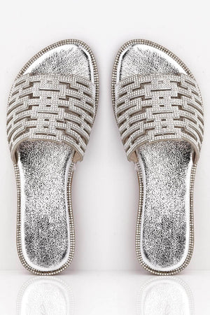 Silver Pu Cut Out Diamante Embellished Sliders