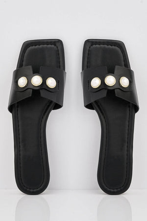 Black Pu Square Sliders with Pearl Embellishments
