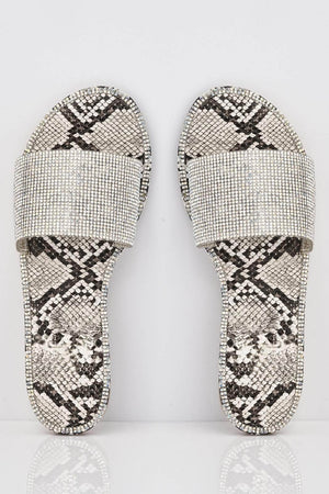Beige Snake Sliders with Silver Diamante Strap