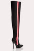 Black Lycra Stripe Pointed Thigh High Boots
