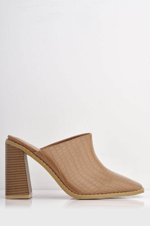 Camel Croc Square Toe Mules with Block Heel