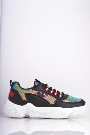 Black Pu Chunky Trainers with Rainbow Sequins