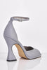 Grey Reflective Square Toe Mid Flare Heels