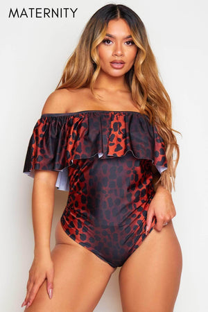 Maternity Leopard Bardot Frill Swimsuit