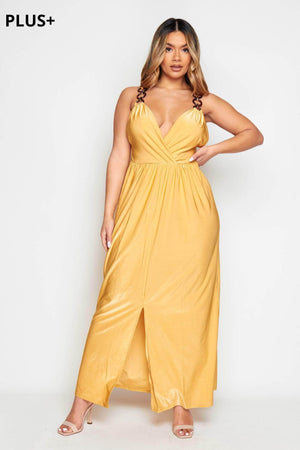 Plus Gold Slinky Maxi Split Dress with Strap Detail