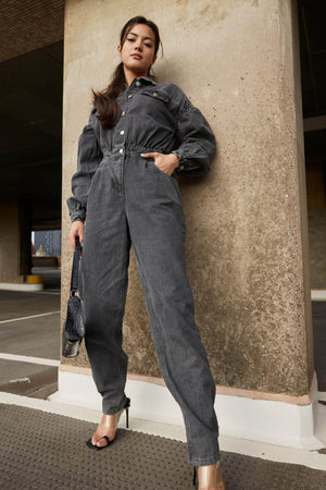 Tall Grey Acid Wash Cinched Waist Utility Jumpsuit