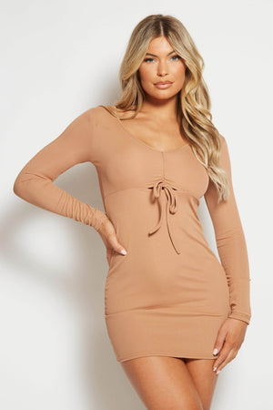 Camel Drawstring Ruched Ribbed Dress